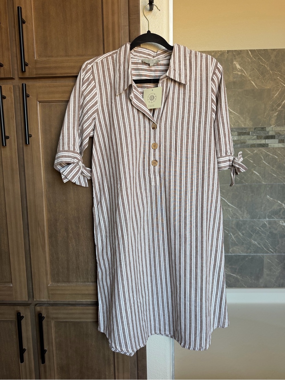 Striped Button-Front Linen Dress in Taupe & White with pockets